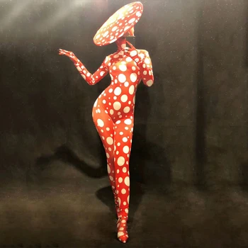 Cerc Alb De Imprimare Rosie Cu Maneci Lungi Salopeta Seturi Doamnelor Club De Noapte Performanță Dans Costum Costum De Teatru Pentru Femei