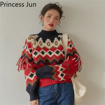 Coreea Retro Chic Etnice Stil Dulce, Elegant Pulover Scurt Femei De Culoare De Contrast Tipărite Ciucure Pulover Jumătate De Înaltă Gât Tricotate De Sus