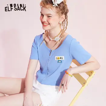 ELFSACK Solid Pur Aplicatiile Tricot Casual T-Shirt Femei Top 2021 Vara ELF Vintage Maneca Scurta de sex Feminin din coreea de zi cu Zi Slim Topuri
