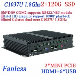 Industriale IPC fără ventilator mini pc 2G RAM 120G SSD INTEL Celeron c1037u 1.8 GHz 6*COM VGA, HDMI, RJ45 windows sau Linux