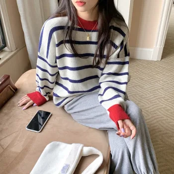 Pulover cu dungi pentru Femei 2021 Toamna Iarna Contrast de Culoare O-gât Pulover coreea Chic Liber Casual cu mâneci Lungi Pulovere