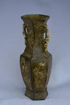 Rare Vechi Qing bronz Aurit vaza,sculptură Patru Anotimpuri, Flori,cele mai bune Meserii&Podoabă.Transport Gratuit