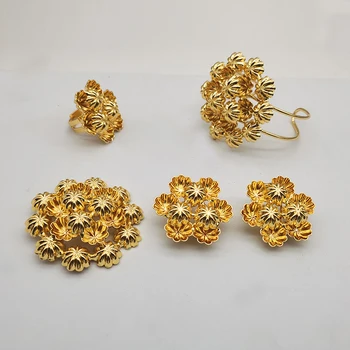 Set de Bijuterii de moda de Flori Femei Colier Cercei Pandantiv Brățară Inele Seturi Aur 24K Placate cu Cupru din Africa Dubai Mireasa bijoux