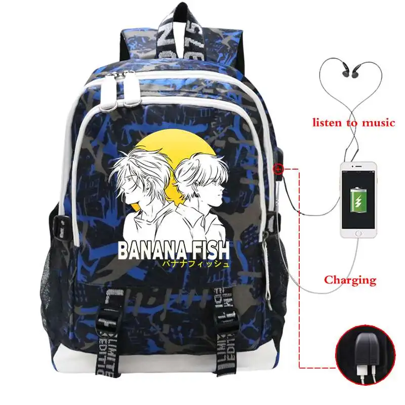 Moda De Banane Pește Anime Femei Rucsac De Încărcare Usb Fete Baieti Colegiul Scoala Geantă Bărbați De Agrement Laptop Mochila Călătorie Bagpack