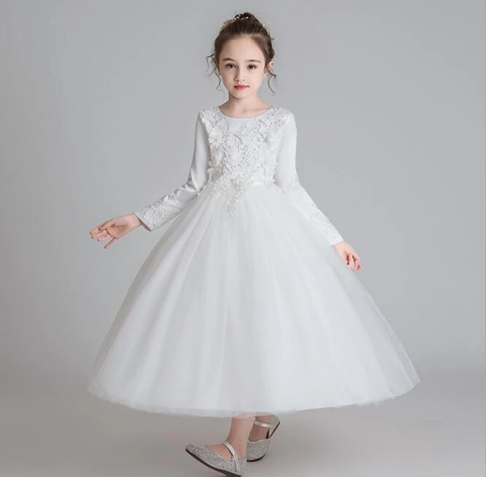 Floare Fata Rochii Elegante Dantela Roz Aplicatii Mâneci Lungi Copii Princess Concurs De Rochii Pentru Nunti Prima Împărtășanie Rochii