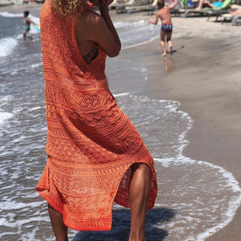 Micendy Croșetat Tunica Beach Dress Cover-up-uri de Vara Femei Beachwear Sexy Gol Afară de costume de Baie Tricotate Lungi Acoperi Halat De Plage