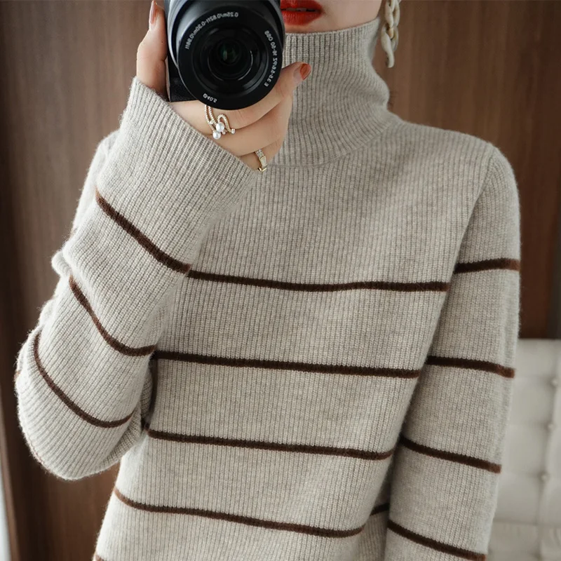 Femei high-gât pulover cu dungi cu mâneci lungi pulover tricotate pentru femei toamna și iarna noi casual topuri tricotate 2021